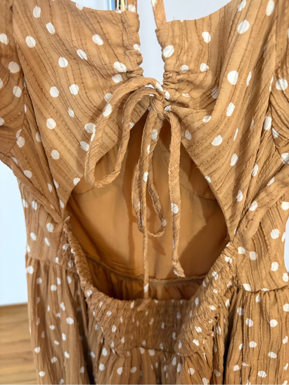 American Eagle Open Back Mustard Yellow/ Orange Polka Dot Midi Dress - Picture 5 of 8